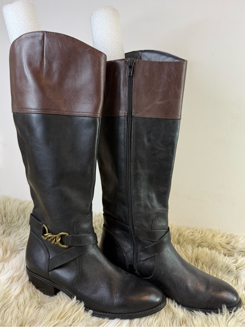 Lauren Ralph Lauren Menna Leather Riding Boots Women’s 8 Black Brown Chain